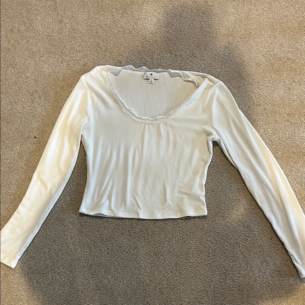 Socialite White Ribbed Lace-Trim Top Size S